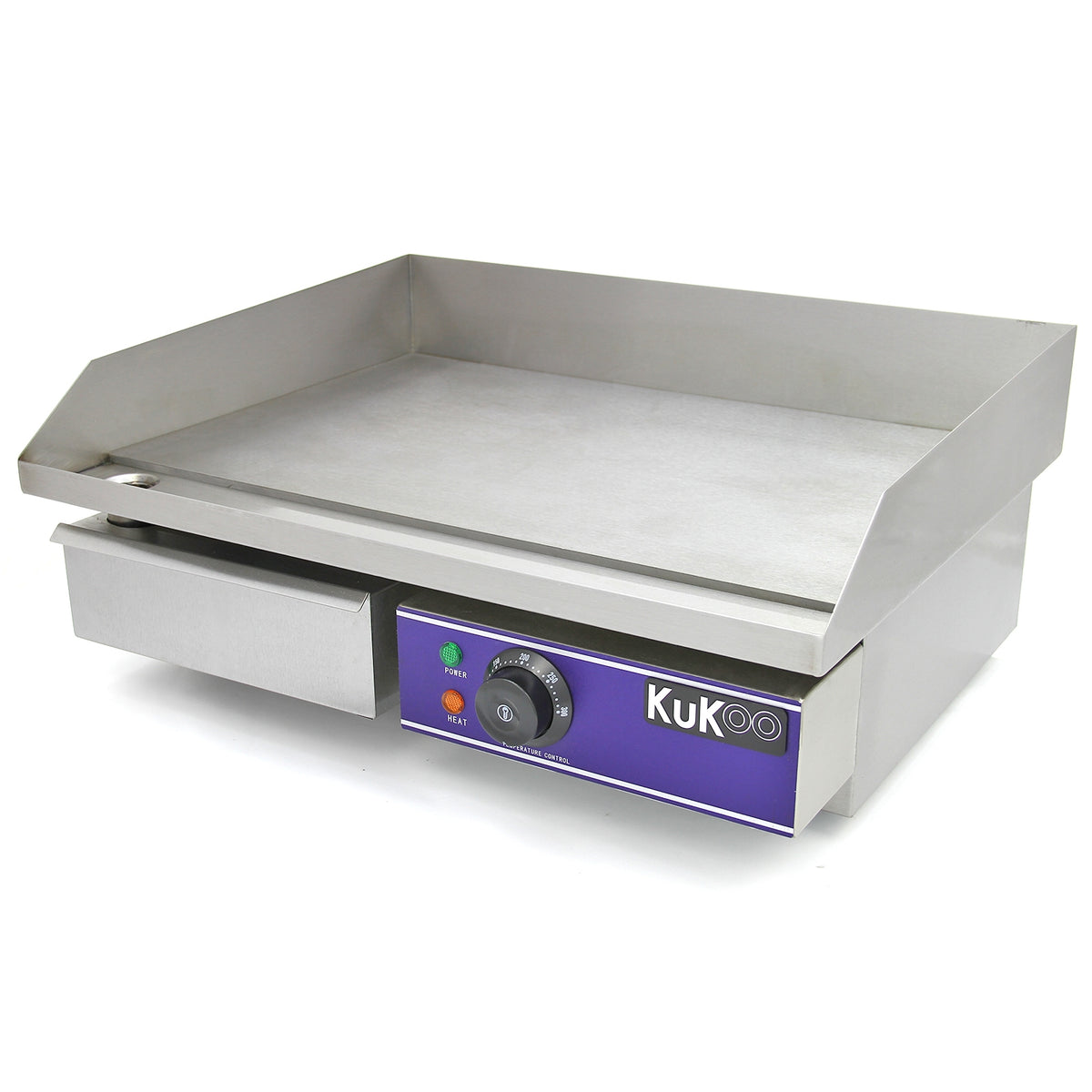 Gastro Griddle-Platte Grill aus Edelstahl mit glatter, silberner Oberfläche, einstellbarem Thermostat und praktischer Schublade für Zubehör