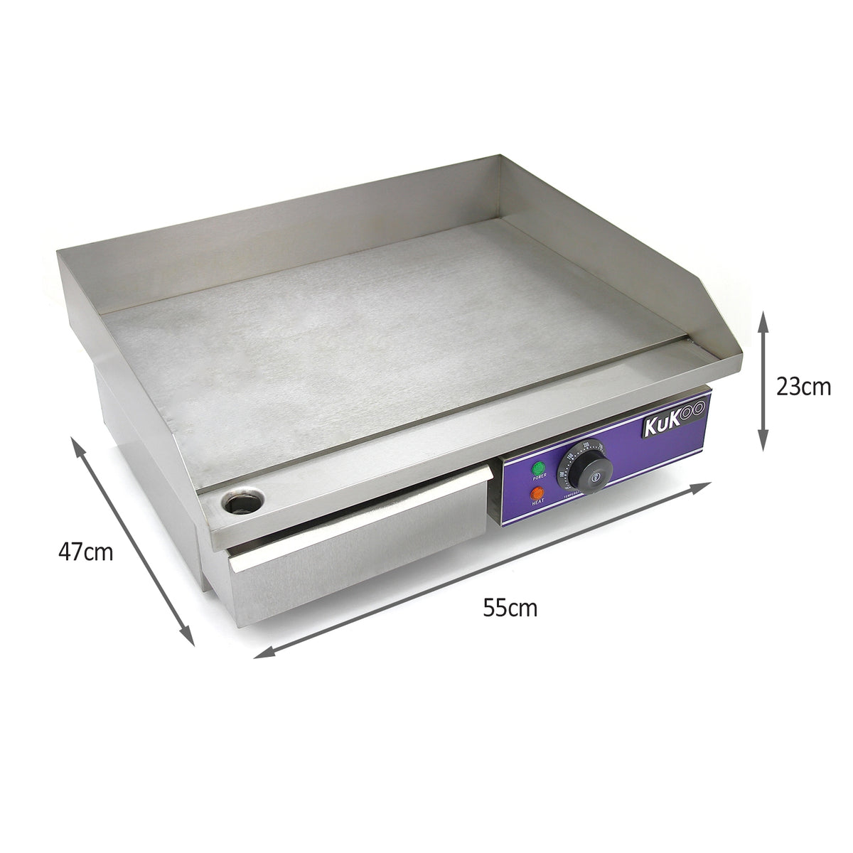 Edelstahl-Gastro-Griddle-Platte mit einer glatten, silbernen Oberfläche, 55 cm breit, 47 cm tief und 23 cm hoch, ideal für Grillgerichte und Braten