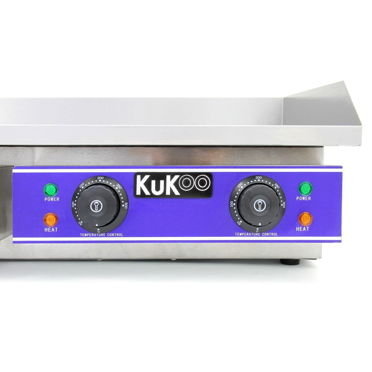 Gastro Griddle Platte Grillplatte 70cm in Edelstahl mit blauer Front, zwei Temperaturreglern und grünen Kontrollleuchten für Power und Hitze