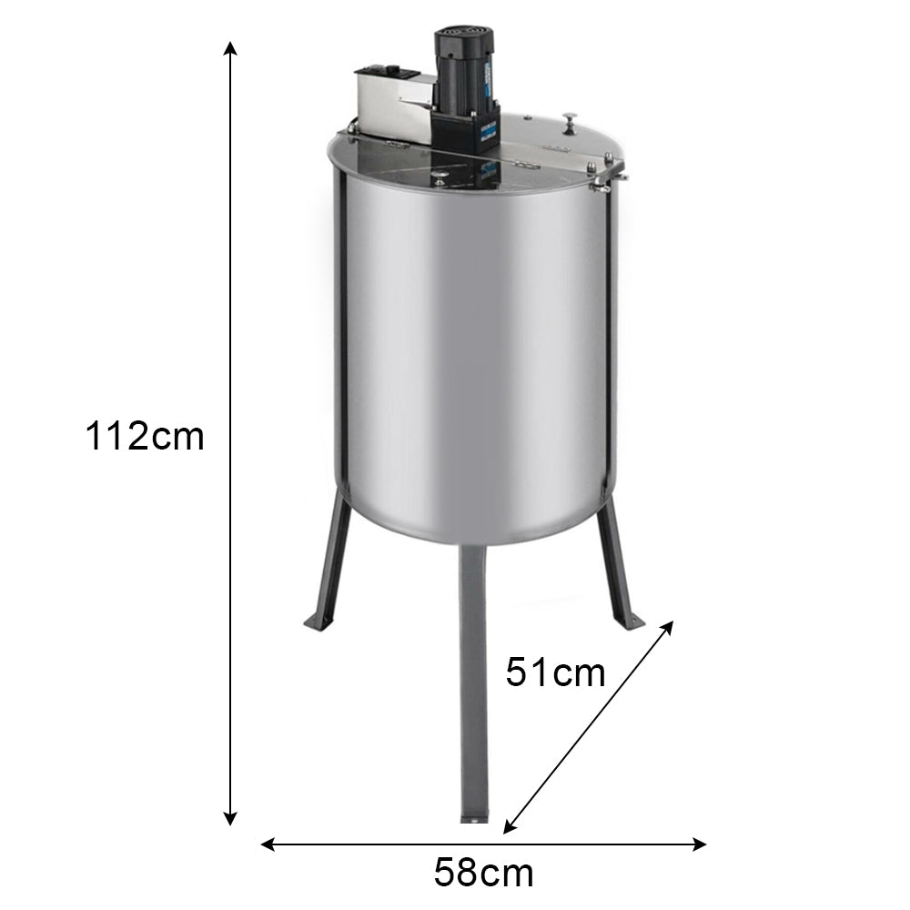 Hochwertige elektrische Honigschleuder aus Edelstahl, glänzende Oberfläche, runde Form, mit Motor und stabilen Füßen, Maße: 112 cm hoch, 58 cm Durchmesser