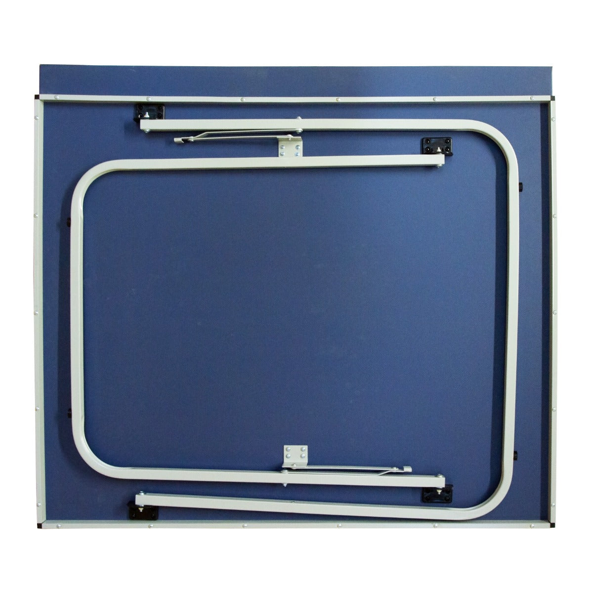 Klappbare Tischtennisplatte mit stabilen weißen Metallrahmen und blauer Spielfläche, ideal für platzsparende Aufbewahrung und einfachen Transport