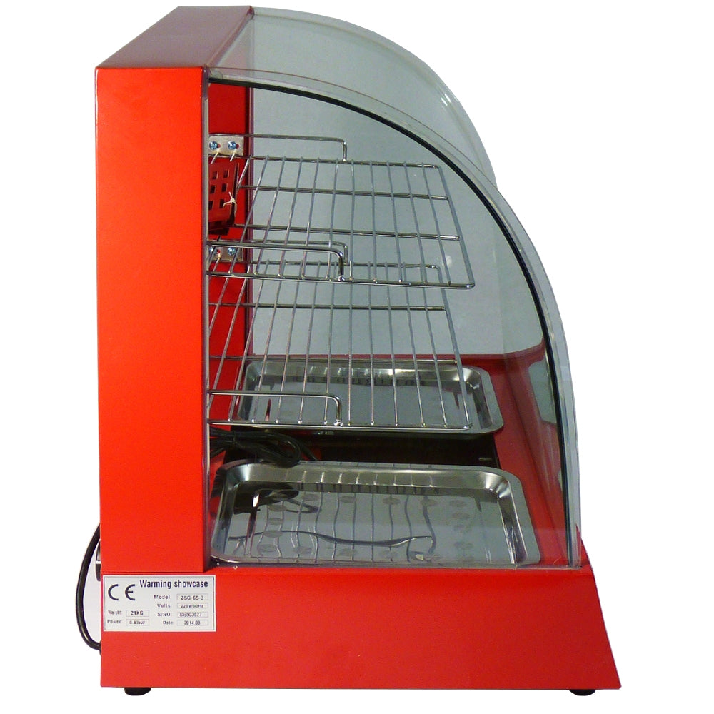 Rote Speisevitrine mit gebogenem Glas, drei Edelstahlregalen und zwei Behältern, ideal für die Präsentation von Speisen in Gastronomiebetrieben