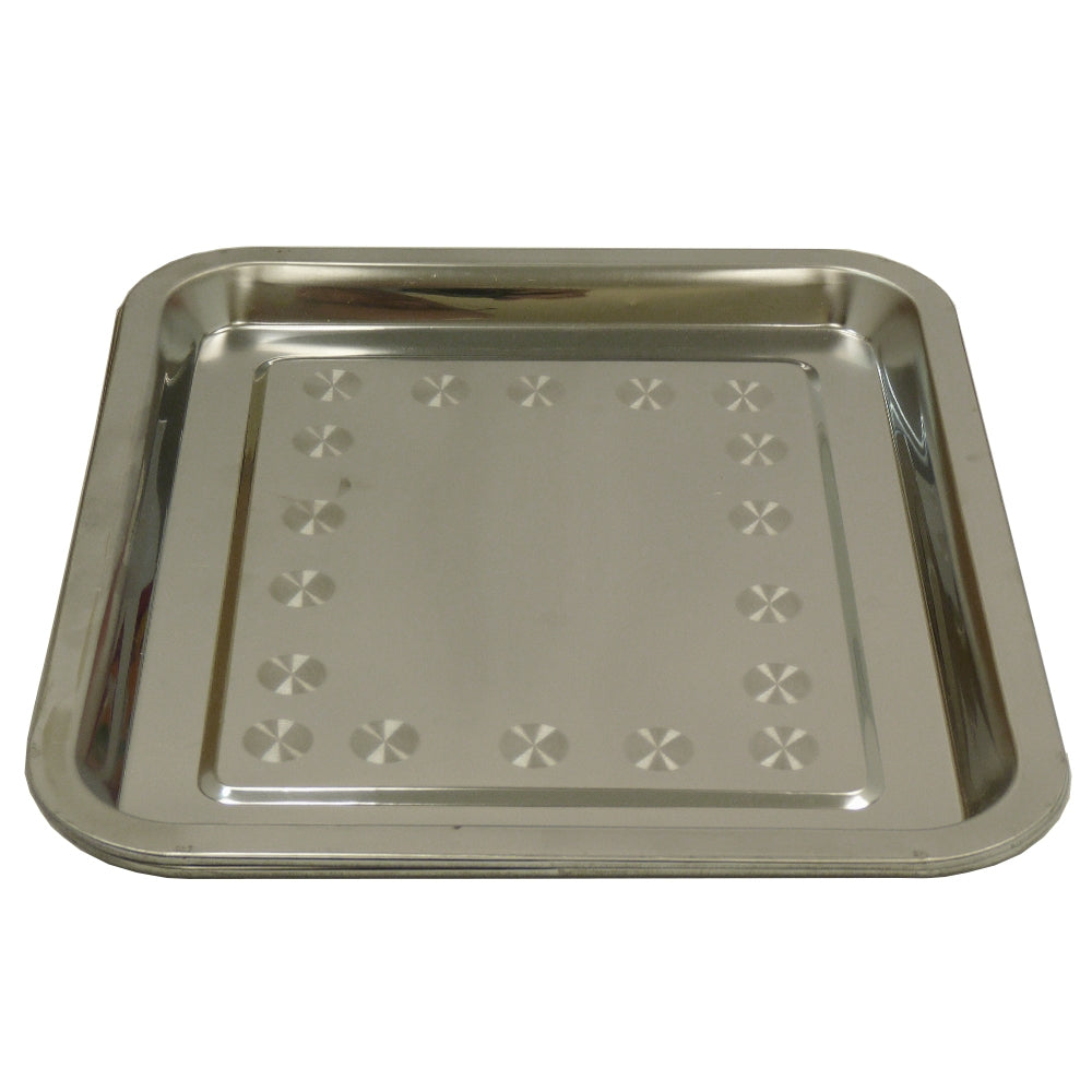 Edelstahl Serviertablett mit quadratischer Form, glänzender Oberfläche und dekorativem Muster aus kleinen Vertiefungen, ideal für Speisen und Getränke