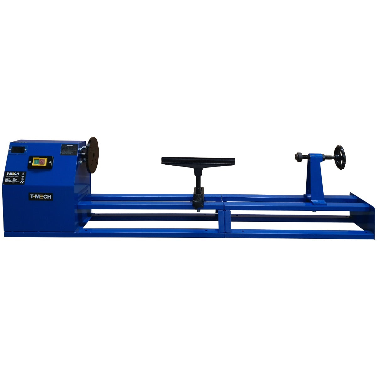 Drechselbank T-Mech in leuchtendem Blau mit robustem Metallrahmen, Steuerungseinheit und verstellbarem Handrad für präzises Drechseln