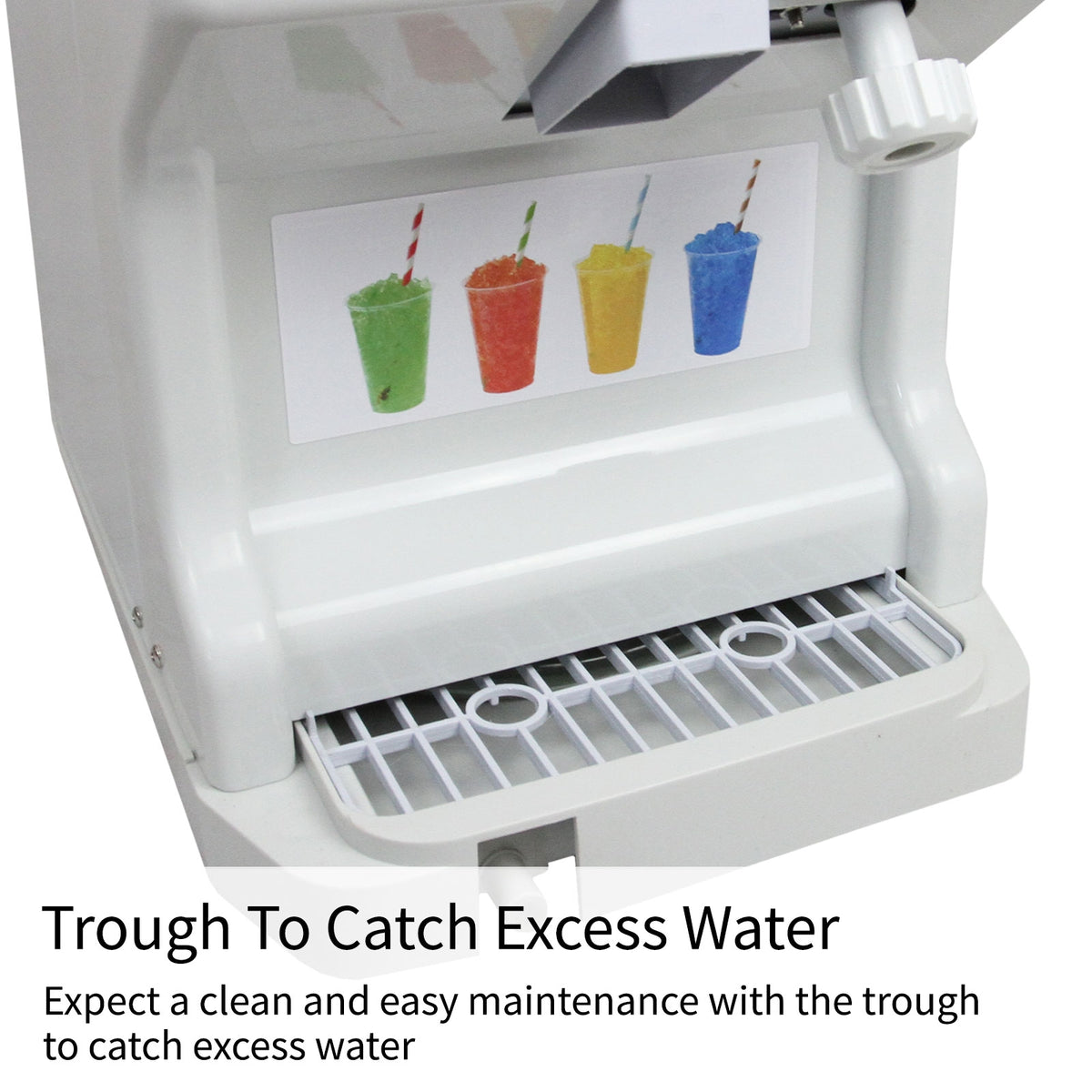 Weiße KuKoo Slush Eismaschine mit einer Abtropfschale, die überschüssiges Wasser auffängt, ideal für einfache Reinigung und Wartung