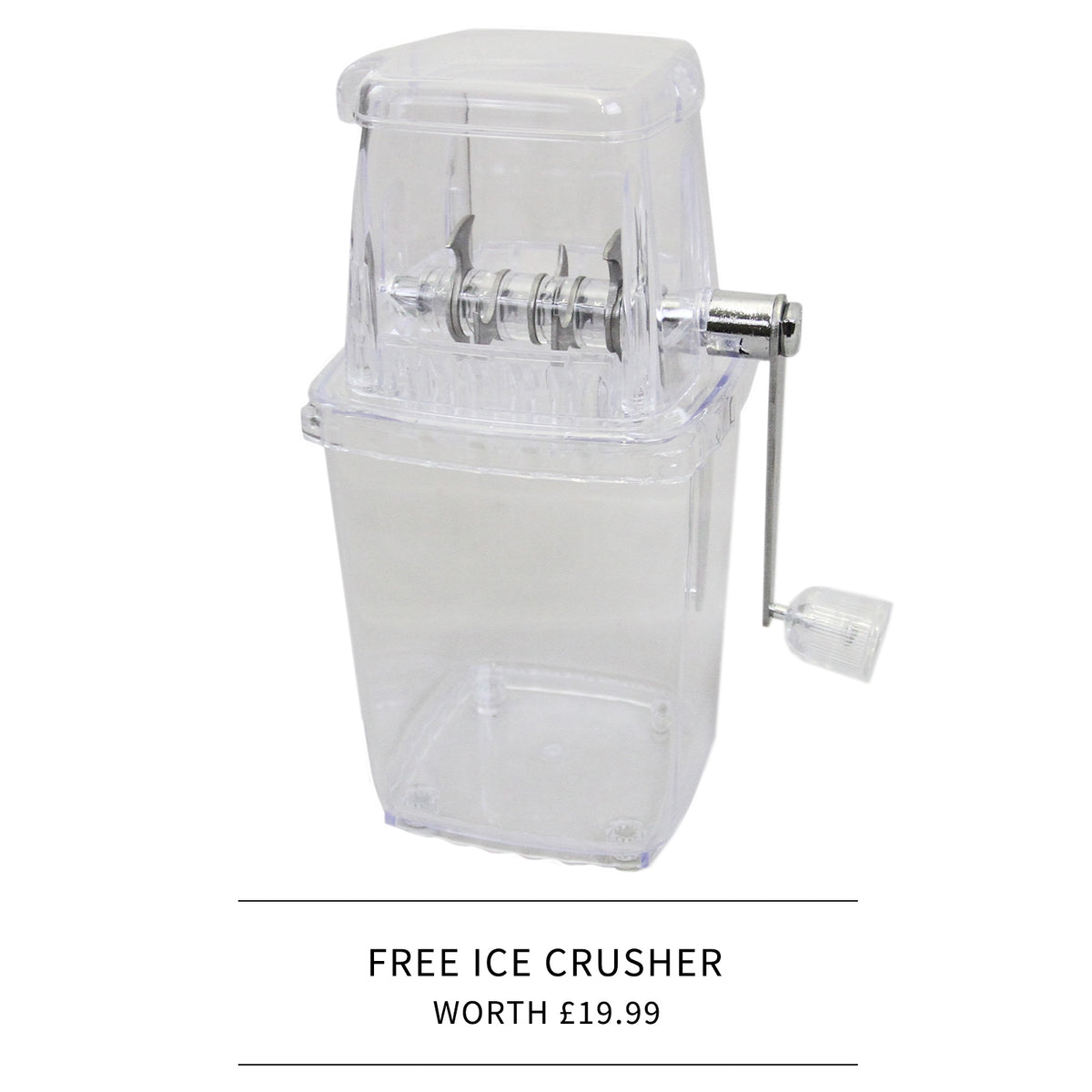 Transparente KuKoo Eismaschine mit einem klaren Gehäuse, einem silbernen Handgriff und einem praktischen Eiswürfelbehälter für erfrischende Getränke
