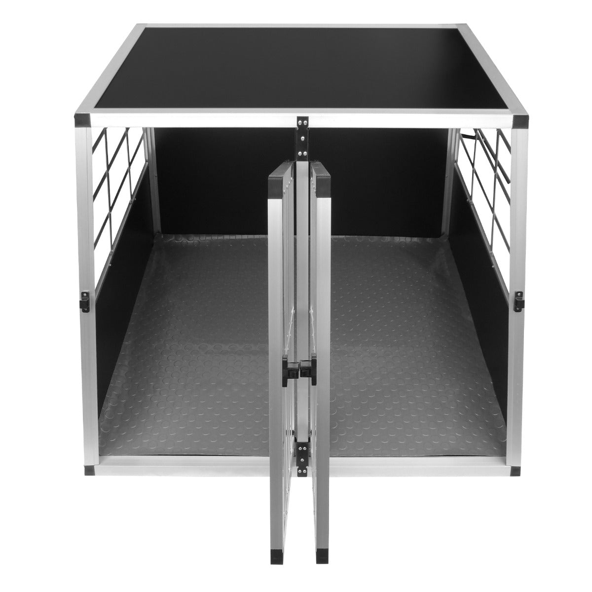 Große Doppelbox für Hunde aus robustem Aluminium mit schwarzer Oberfläche, Gitterfenstern und rutschfester Bodenmatte für sicheren Transport