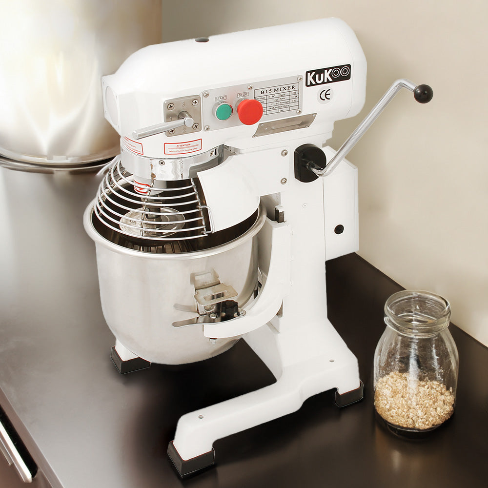Die KuKoo Gastro Planetenrührmaschine in Weiß mit einem 15L Edelstahlbehälter, einem stabilen Standfuß und einem praktischen Rührarm, ideal für die Gastronomie