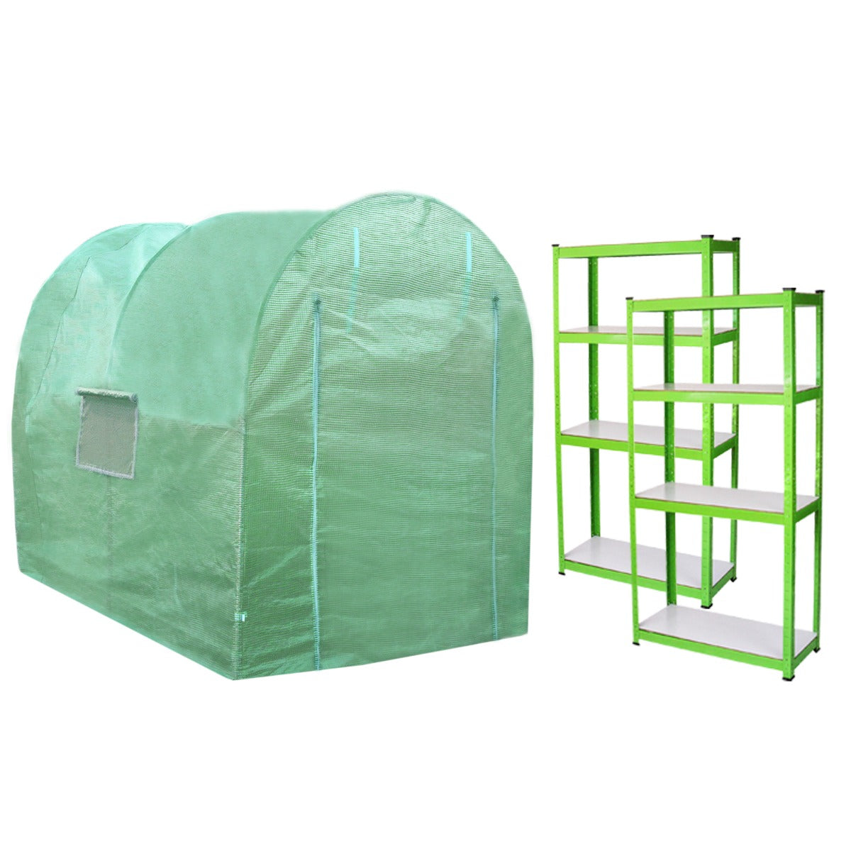 Polytunnel in sanftem Grünton, 2,5m x 2m, mit transparenten Fenstern und stabilen Regalen in frischem Grün und weißer Ablagefläche