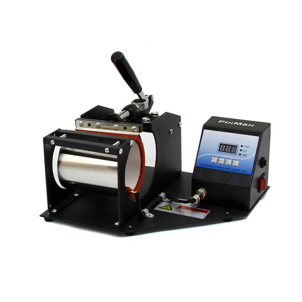 Die PixMax Tassenpresse in Schwarz mit digitalem Display und silbernem Zylinder, ideal für den Druck auf 72 Tassen im Set