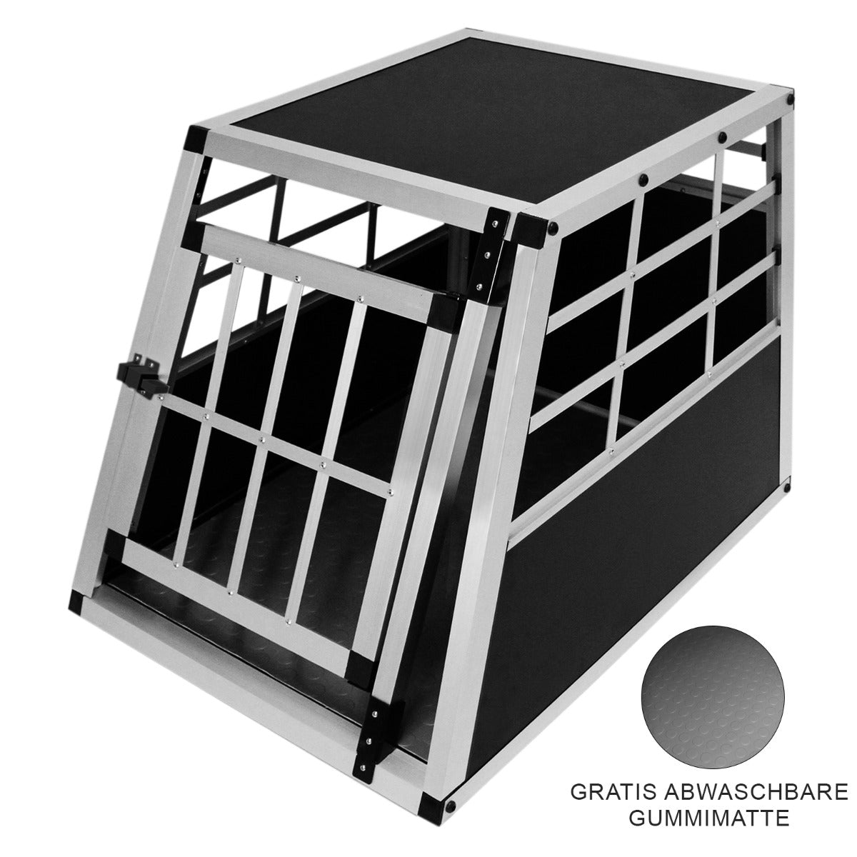 Kleine Hundetransportbox aus robustem Aluminium, mit abwaschbarer Gummimatte, schwarz und silber, ideal für sichere Autofahrten mit Hunden
