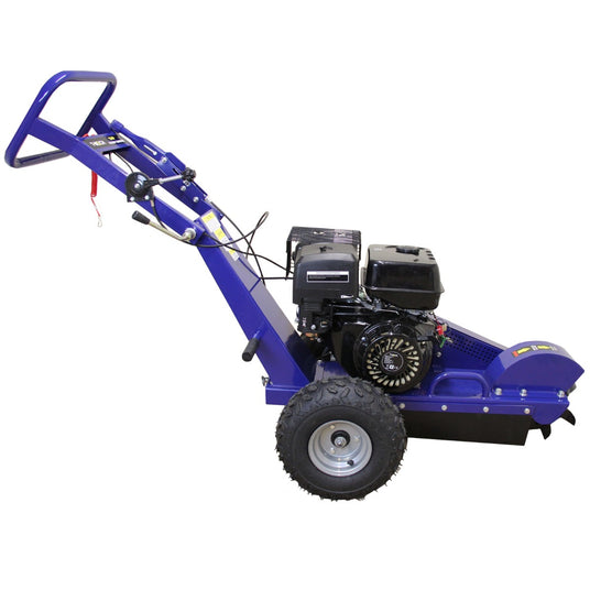 Blauer Bodenfräse mit robustem Motor, großen Gummireifen und ergonomischem Griff, ideal für Garten- und Landschaftsarbeiten