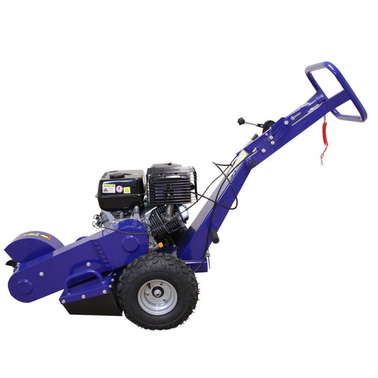 Ein blauer Baumstumpf-Entferner mit robustem Motor, großen Gummireifen und einem stabilen Griff, ideal für Gartenarbeiten und Landschaftspflege