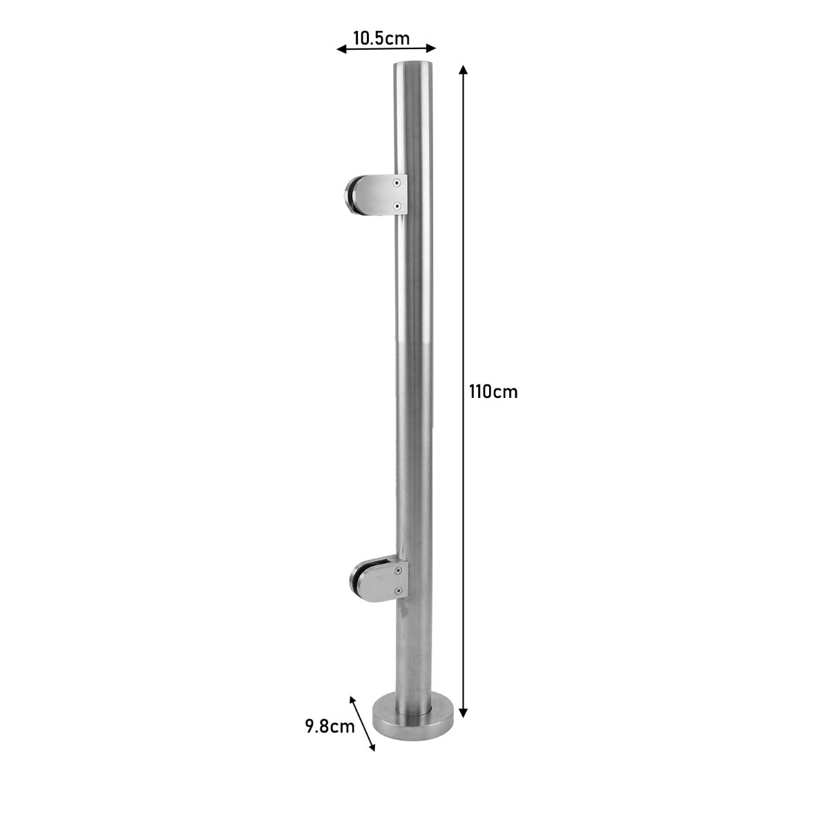 Edelstahl-Balustrade Endpfosten, 90 cm hoch, mit zwei Halterungen, glänzende Oberfläche, zylindrische Form, stabil und modern gestaltet