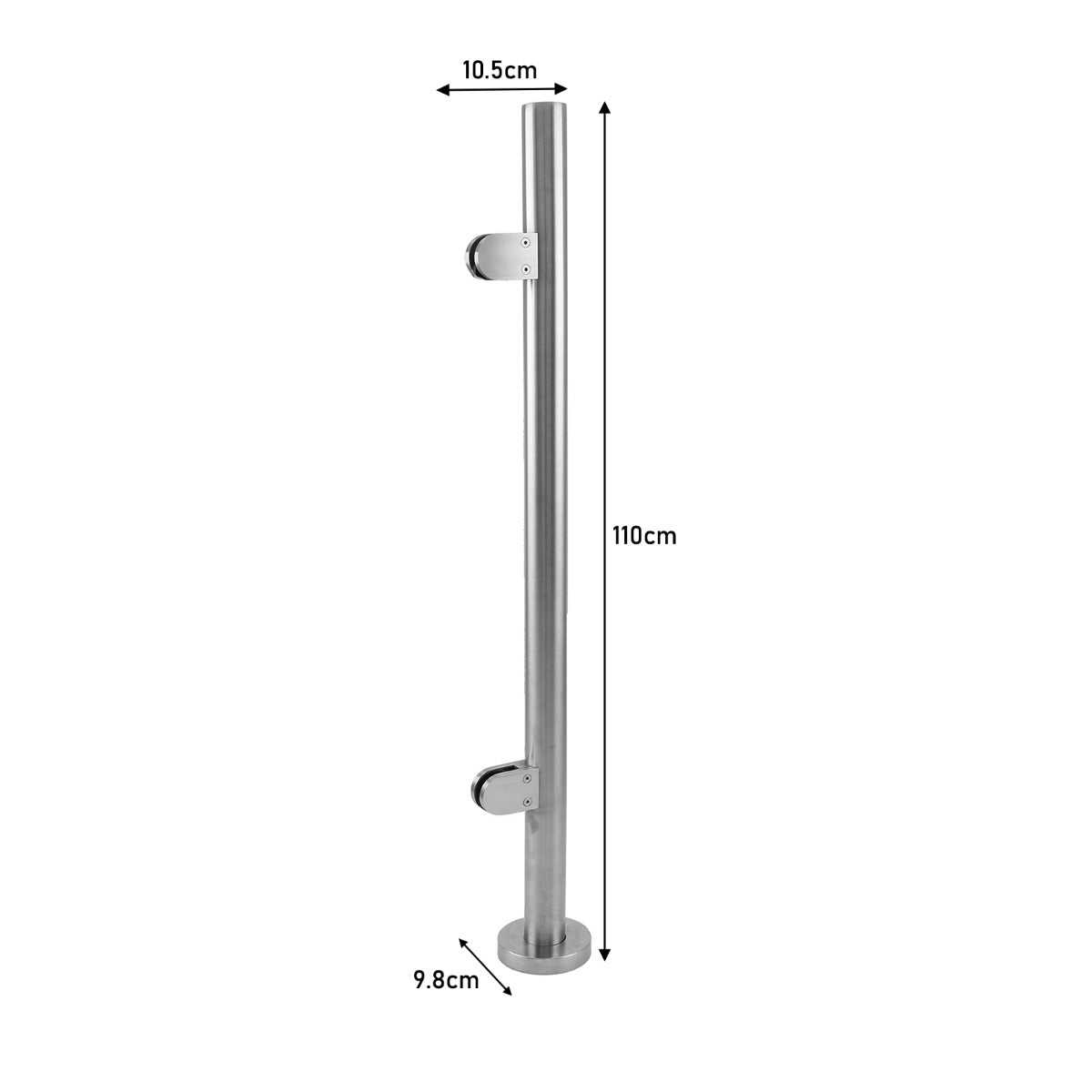Edelstahl-Balustrade Endpfosten mit einer Höhe von 110 cm, glänzende Oberfläche, zylindrische Form, Durchmesser 10,5 cm und Basis von 9,8 cm