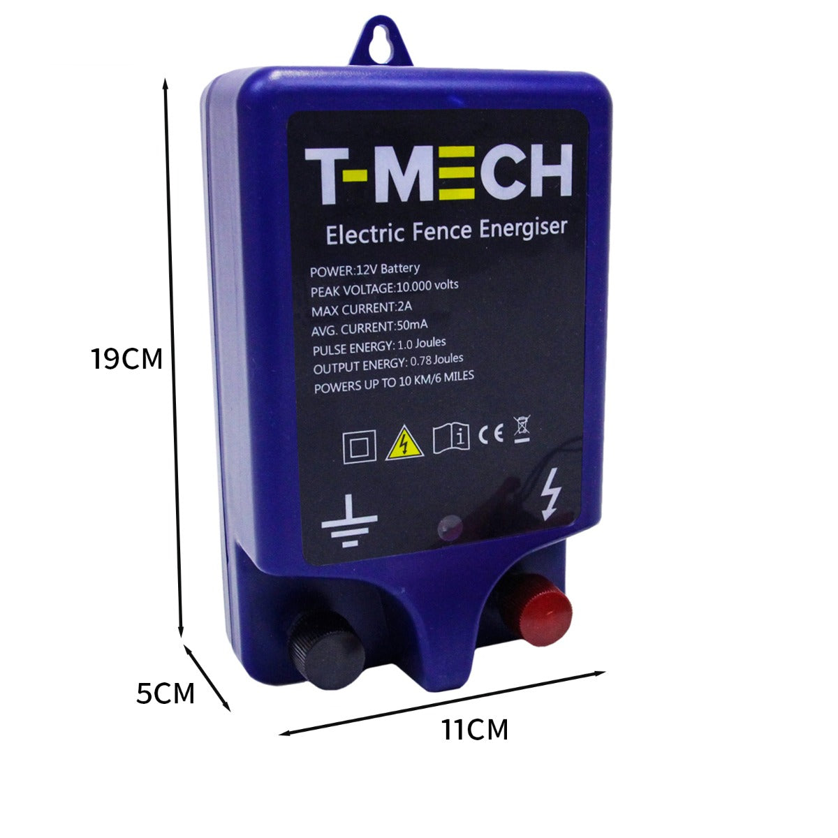 T-Mech elektrisches Weidezaungerät in blauer Kunststoffhülle, Maße 19 cm x 11 cm x 5 cm, mit roten und schwarzen Anschlussklemmen für einfache Installation