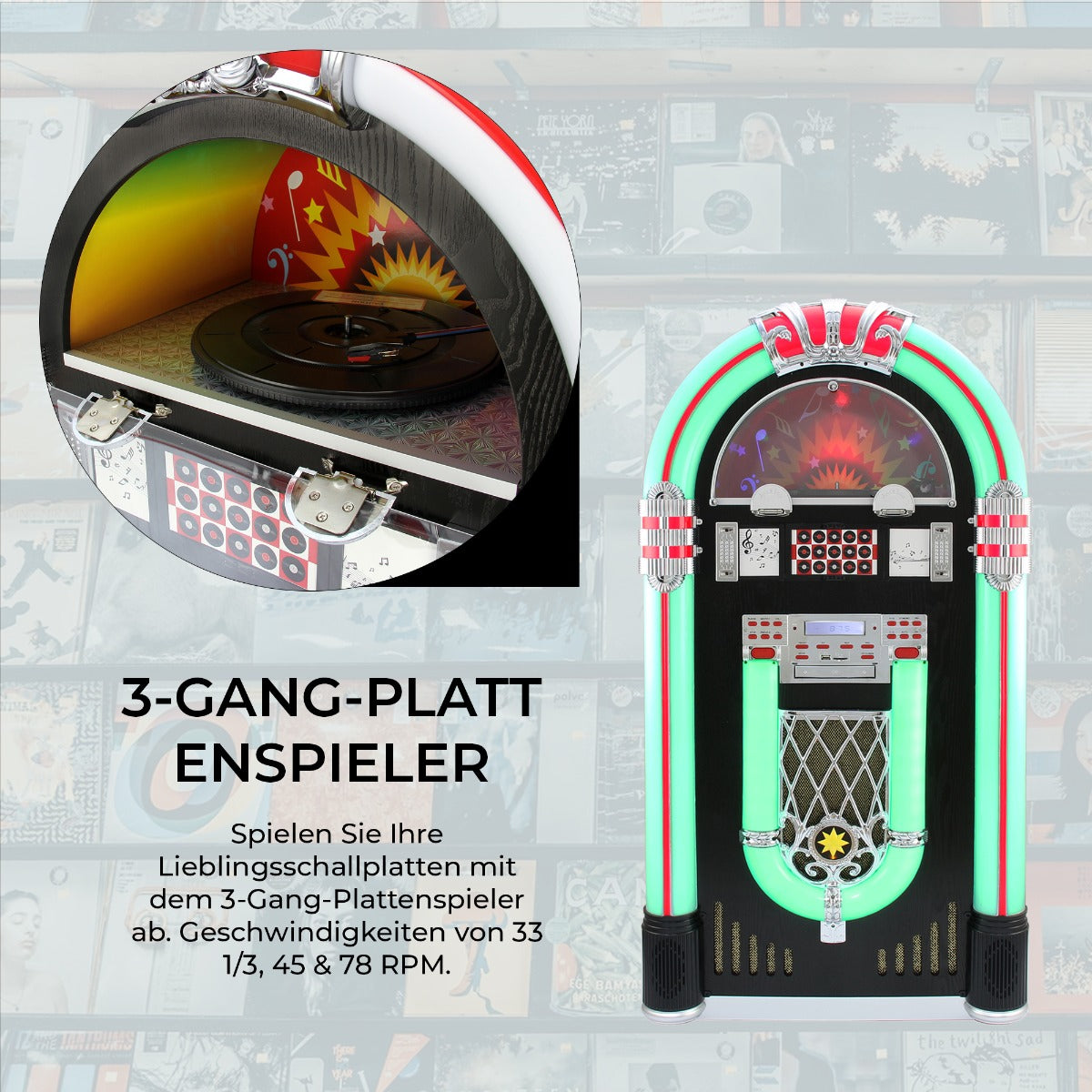 Retro Jukebox mit bunten Neonlichtern, glänzendem Gehäuse und einem Plattenspieler für 33, 45 und 78 RPM, ideal für Vinyl-Liebhaber