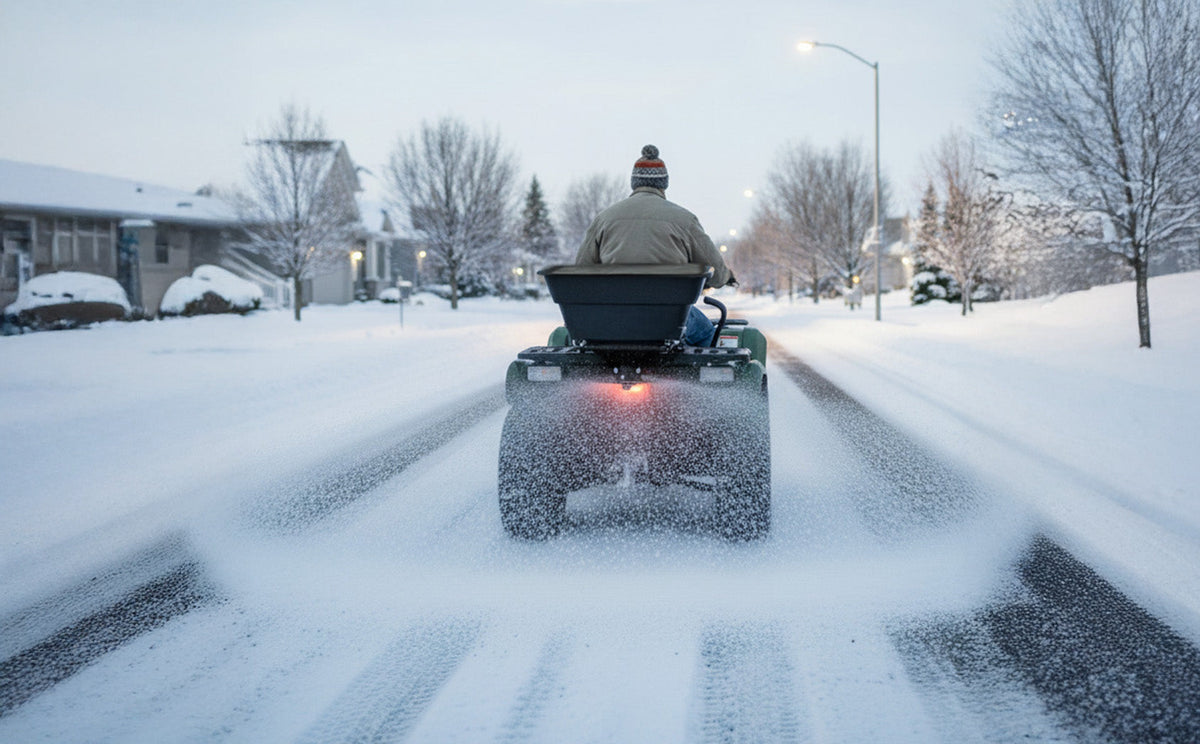 Ein ATV mit einem Streuer fährt durch eine schneebedeckte Straße, umgeben von verschneiten Bäumen und Häusern im winterlichen Licht