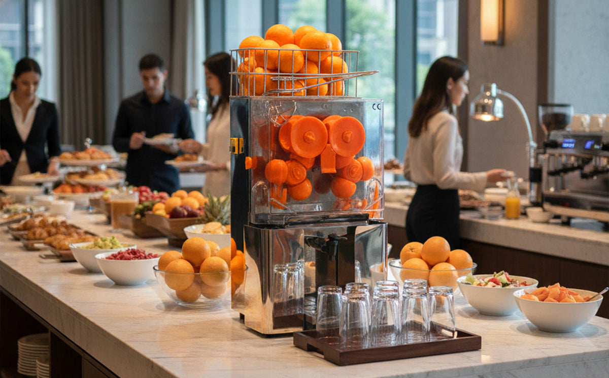 Ein moderner Entsafter mit leuchtend orangefarbenen Orangen, umgeben von frischen Zutaten und Gläsern auf einem eleganten Buffet-Tisch