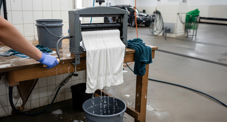 Manueller Handwringer in einer hellen Waschküche, der nasse Wäsche auspresst, während Wasser in einen Eimer tropft, umgeben von Handtüchern und Reinigungsutensilien
