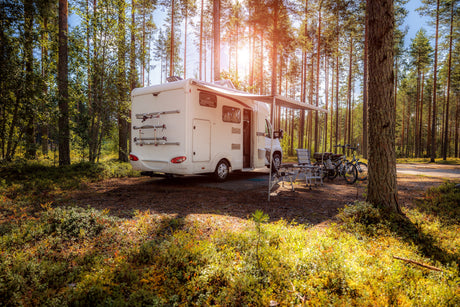 Ein weißer Wohnwagen steht in einem sonnigen Wald, umgeben von grünen Bäumen und buntem Moos, mit einem Fahrrad und Gartenmöbeln daneben