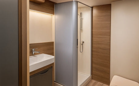 Moderne Rollladen-Duschtür in einem Wohnwagen-Badezimmer, mit silberner Oberfläche, Holzverkleidung und eleganter, platzsparender Gestaltung