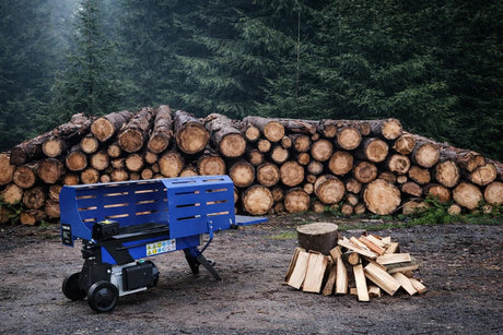 Blauer Holzspalter steht neben einem Holzstapel und einem Haufen gespaltenem Holz auf einem schattigen, bewaldeten Gelände