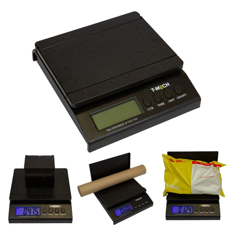 Digitale Postwaage von T-Mech mit schwarzem, rutschfestem Gehäuse und LCD-Display, ideal zum Wiegen von Paketen und Briefen in verschiedenen Einheiten