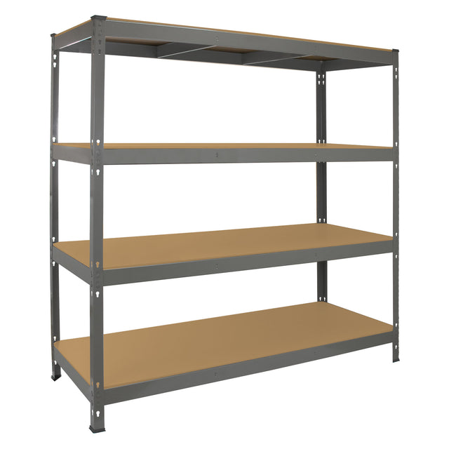 Graues Monster Racking Q-Rax Lagerregal mit vier stabilen Regalböden, ideal für die Lagerung von Werkzeugen und Materialien, robustes Metallgestell