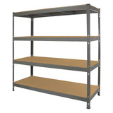 Graues Monster Racking Q-Rax Lagerregal mit vier stabilen Regalböden aus Holz, ideal für die Aufbewahrung von Werkzeugen und Materialien in Werkstätten oder Lagerräumen