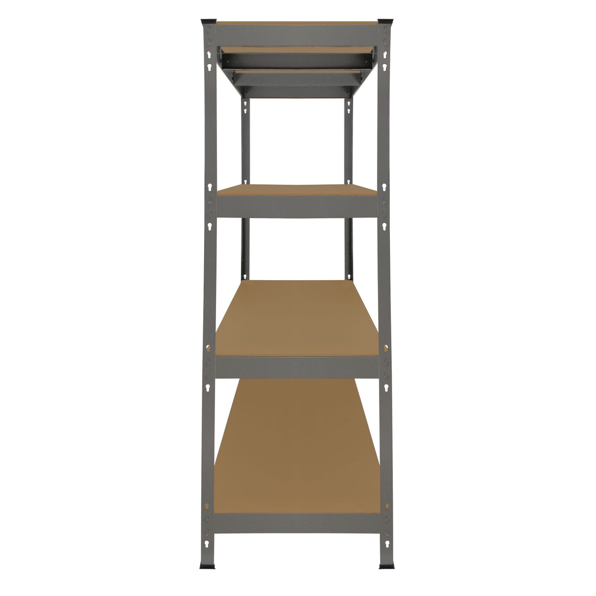 Graues Monster Racking Q-Rax Lagerregal mit vier stabilen Regalböden aus Holz, ideal für die Aufbewahrung von Werkzeugen und Materialien