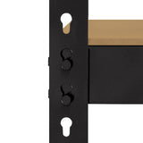 Schwarzes Schwerlastregal mit stabilen Metallstreben, Holzregalboden und mehreren Befestigungslöchern für individuelle Anpassungen