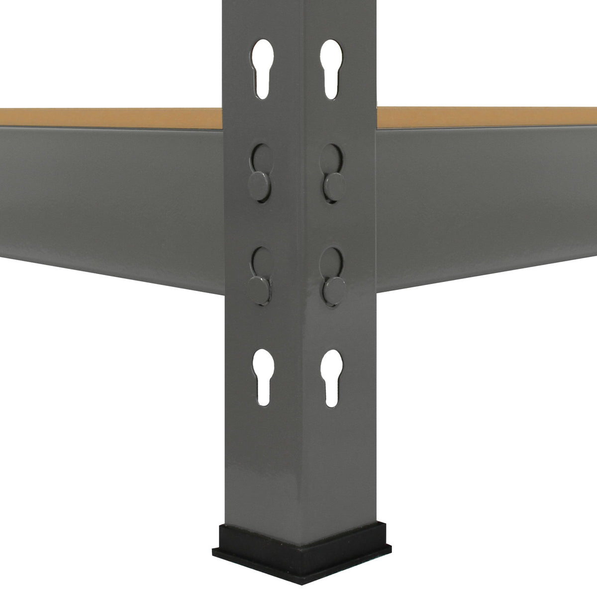 Graues Monster Racking Q-Rax Lagerregal mit stabilen Metallstützen, verstellbaren Regalböden und robustem Design für optimale Lagerung