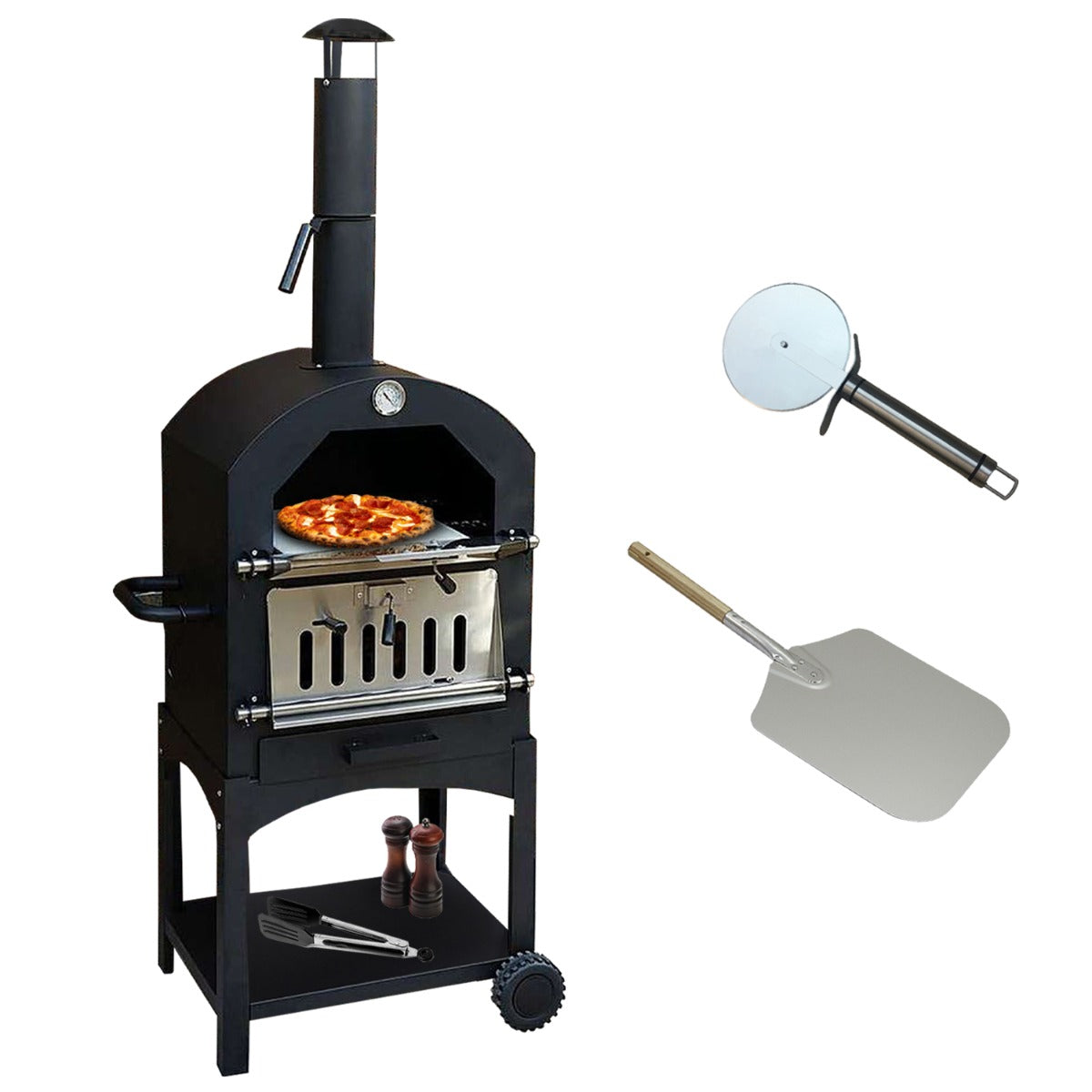 Schwarzer KuKoo Outdoor Pizzaofen mit Edelstahlfront, Pizzastein, Thermometer und Zubehör wie Pizzaschneider und Schaufel, ideal für Grillabende