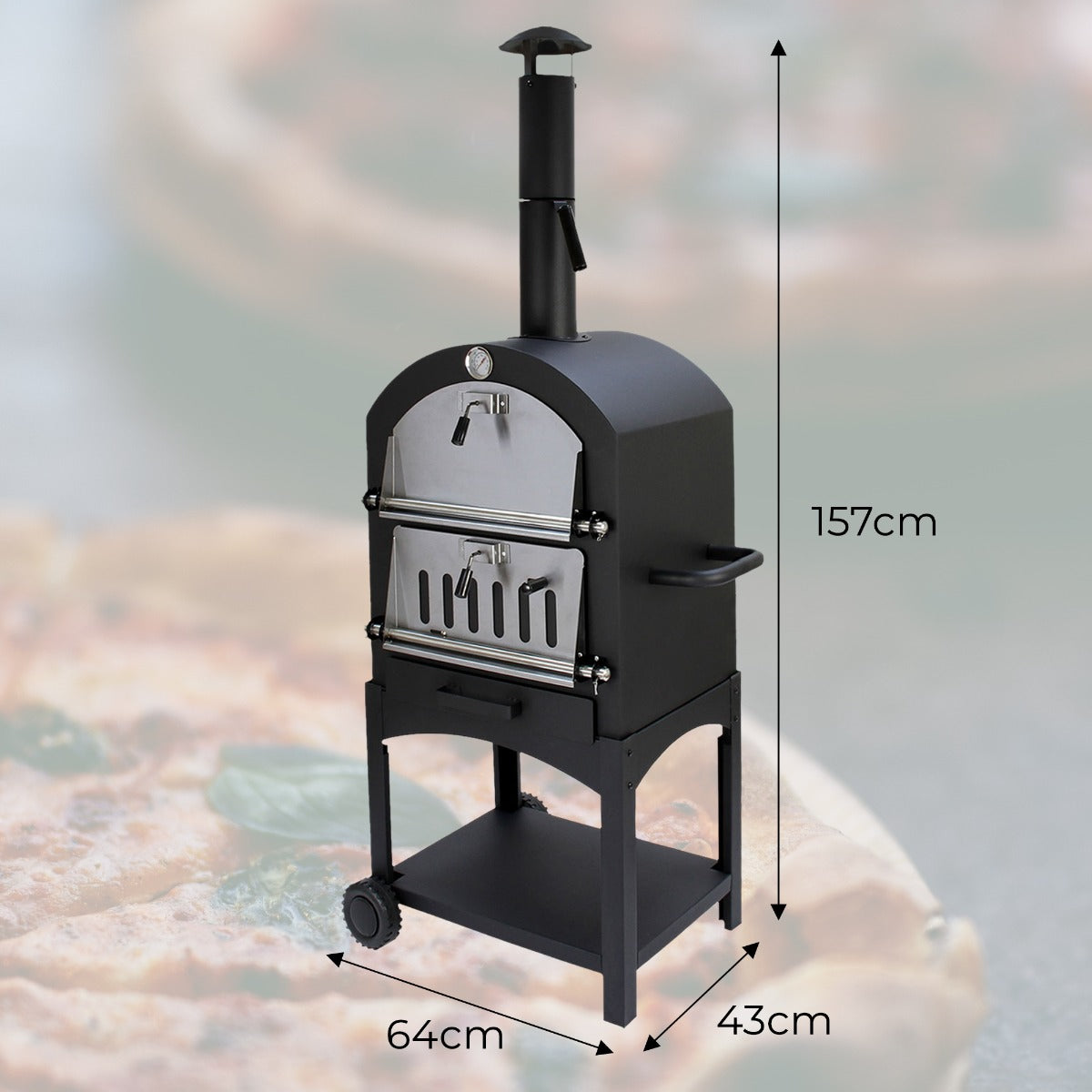 Schwarzer KuKoo Outdoor Pizzaofen mit Edelstahlfront, 157 cm hoch, 64 cm breit, 43 cm tief, auf einem stabilen Gestell mit Rädern für einfache Mobilität