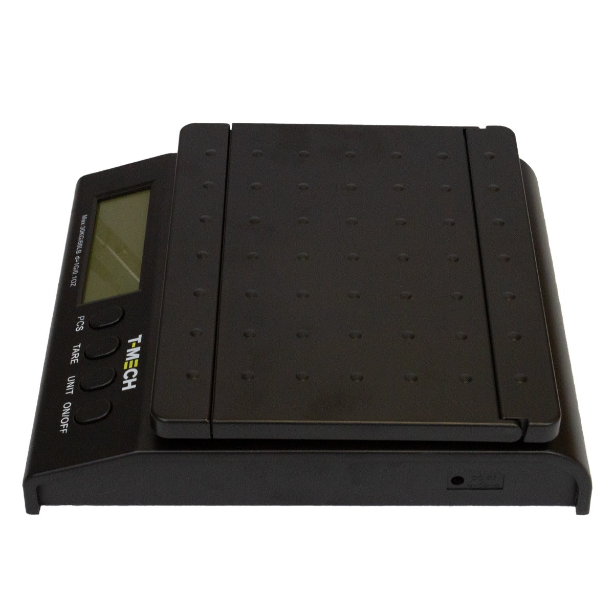 Digitale Postwaage in Schwarz mit rutschfester Oberfläche, LCD-Display und Tasten für einfache Bedienung, ideal für präzises Wiegen von Paketen