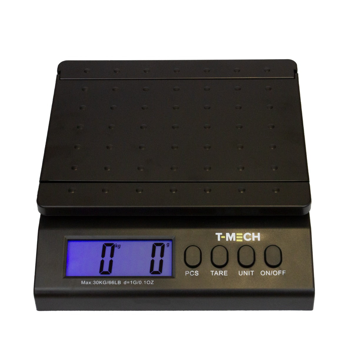 Digitale Postwaage T-Mech mit schwarzer, rutschfester Plattform, blauer LCD-Anzeige und Tasten für Tara, Einheit und Ein/Aus, max. 30 kg