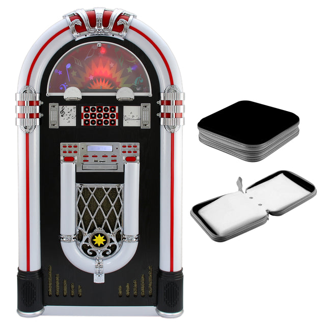 Bunte Vintage-Vinyl-Jukebox mit glänzenden Chromdetails und einer CD-Hülle, die stilvoll neben der Jukebox platziert ist