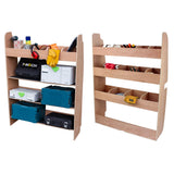 Regal und Werkzeugkasten aus Holz mit mehreren Regalen, gefüllt mit Werkzeugen, Kisten und Zubehör in verschiedenen Farben und Größen