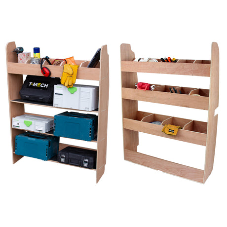 Regal und Werkzeugkasten aus Holz mit mehreren Regalen, gefüllt mit Werkzeugen, Kisten und Zubehör in verschiedenen Farben und Größen