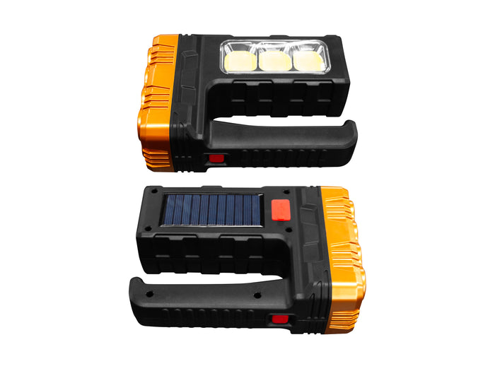 Robuster tragbarer LED-Scheinwerfer mit orangefarbenem Gehäuse, Solarzelle, zwei Lichtmodi und ergonomischem Griff für vielseitige Anwendungen