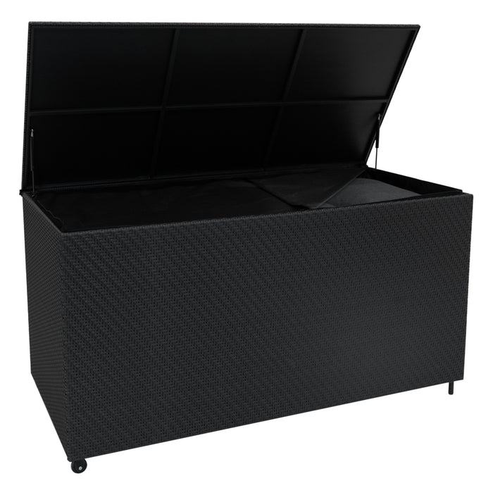 Schwarze Aufbewahrungstruhe aus wetterfestem Rattan mit klappbarem Deckel, ideal für Gartenmöbel und Zubehör, bietet viel Stauraum und stilvolles Design