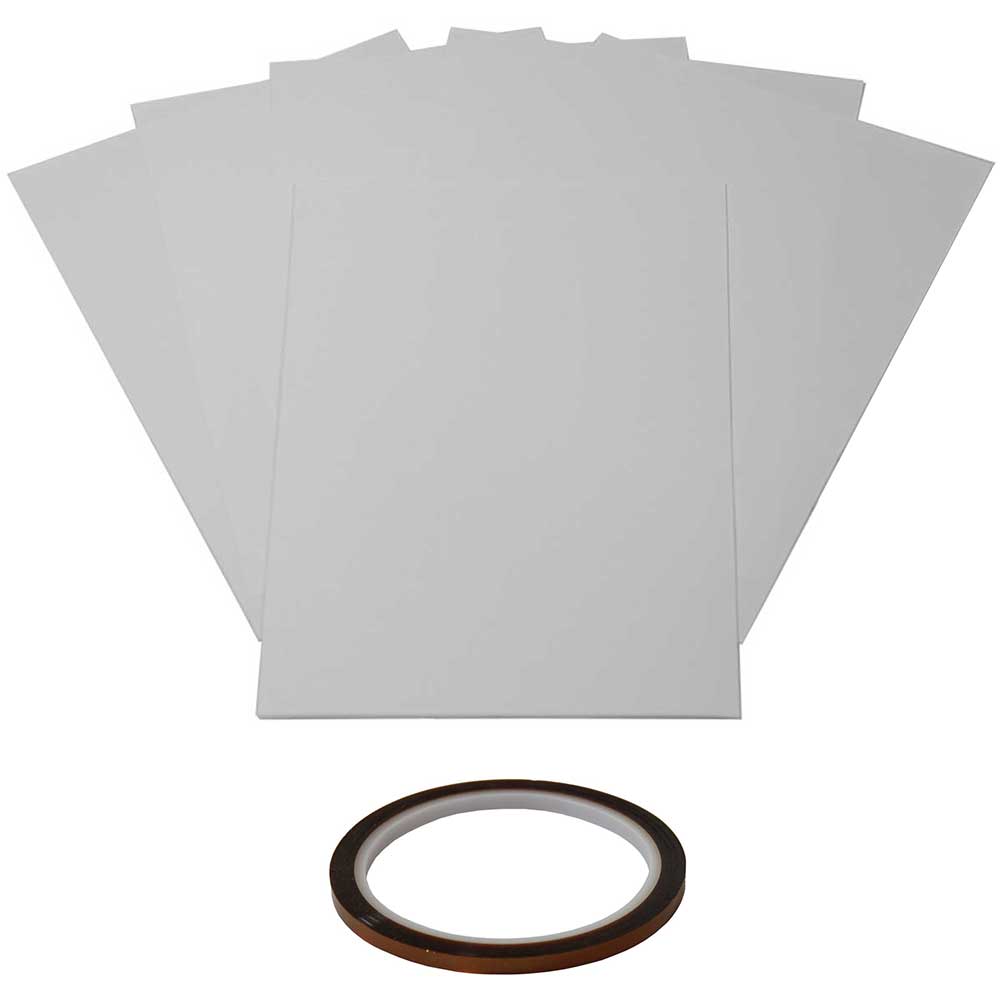 Hitzebeständiges Klebeband in Braun mit glatter Oberfläche, umgeben von fünf weißen, rechteckigen Klebefolien in einer Packung