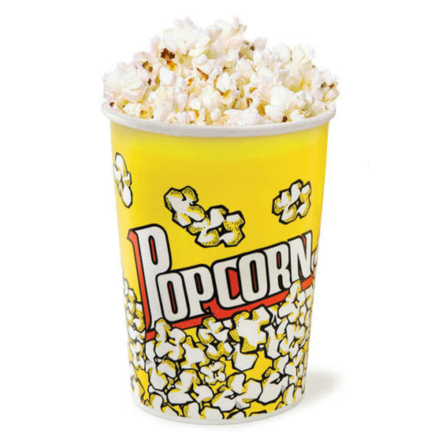 Bunte gelbe Popcorn-Kartons mit einem auffälligen Popcorn-Design, gefüllt mit frisch zubereitetem, knusprigem Popcorn, ideal für Partys oder Veranstaltungen
