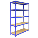 Hochwertiges blaues T-Rax Lagerregal mit fünf stabilen Regalböden aus Holz, ideal für die Aufbewahrung von Werkzeugen und Materialien, 180cm hoch