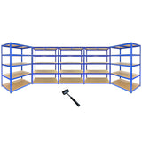 Blaues Lagerregal mit fünf T-Rax-Ebenen, 120 cm lang und 60 cm breit, aus robustem Metall mit stabilen Holzregalen, ideal für Lagerung und Organisation
