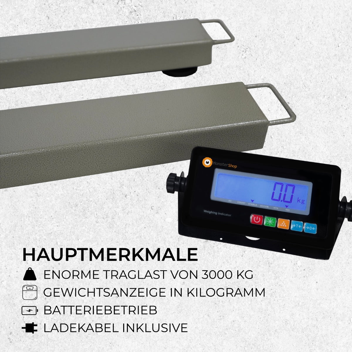 Zwei graue Wiegebalken mit einer Traglast von 3000 kg, begleitet von einem digitalen Gewichtsanzeiger mit blauer Anzeige und Ladegerät