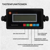 Digitales Wiegeindikator-Display mit großen Tasten in Schwarz, zeigt Gewicht und Funktionen, ideal für präzise Messungen bis 3000 kg