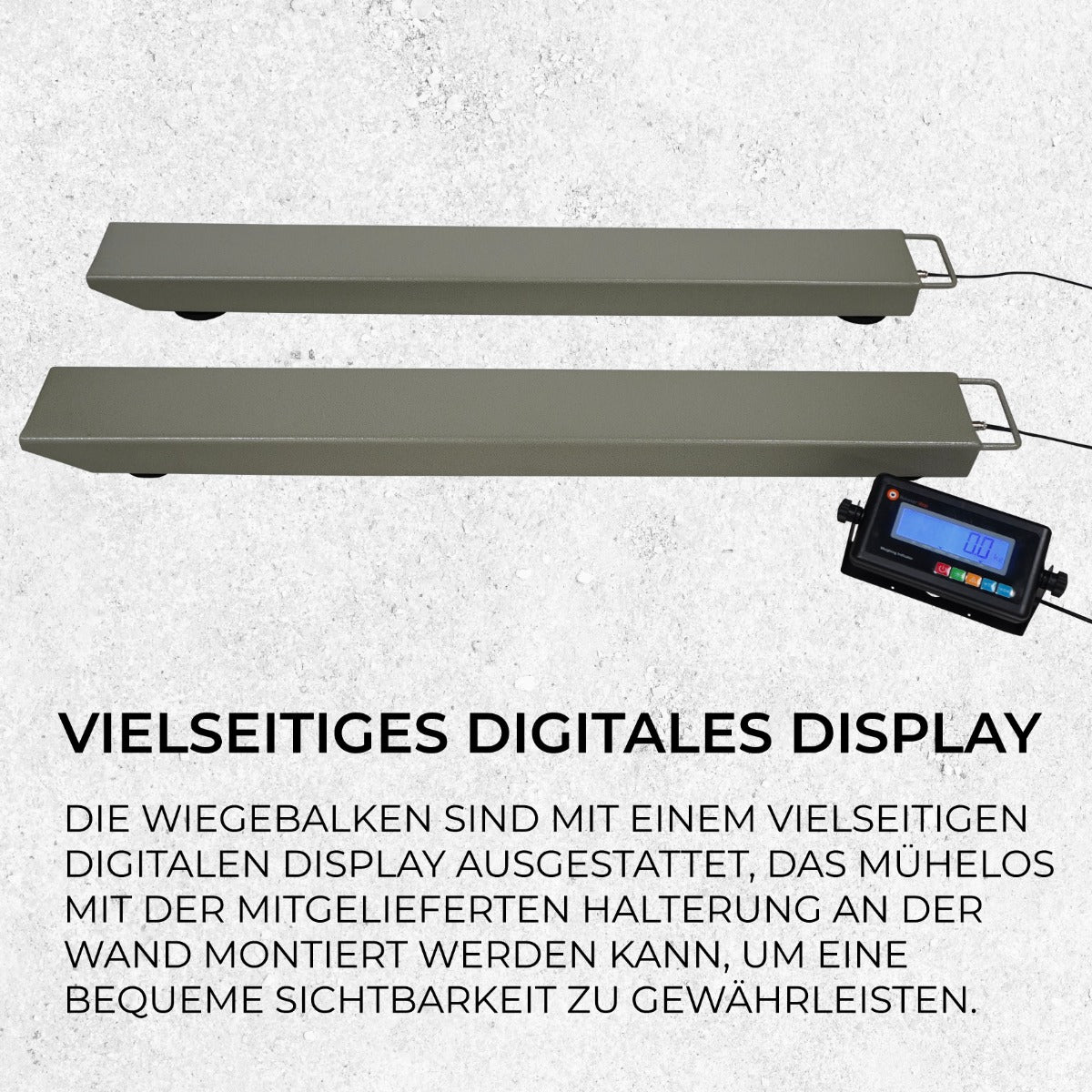 Zwei graue Wiegebalken für bis zu 3000 kg, ausgestattet mit einem digitalen Display für einfache Ablesbarkeit und Wandmontageoption