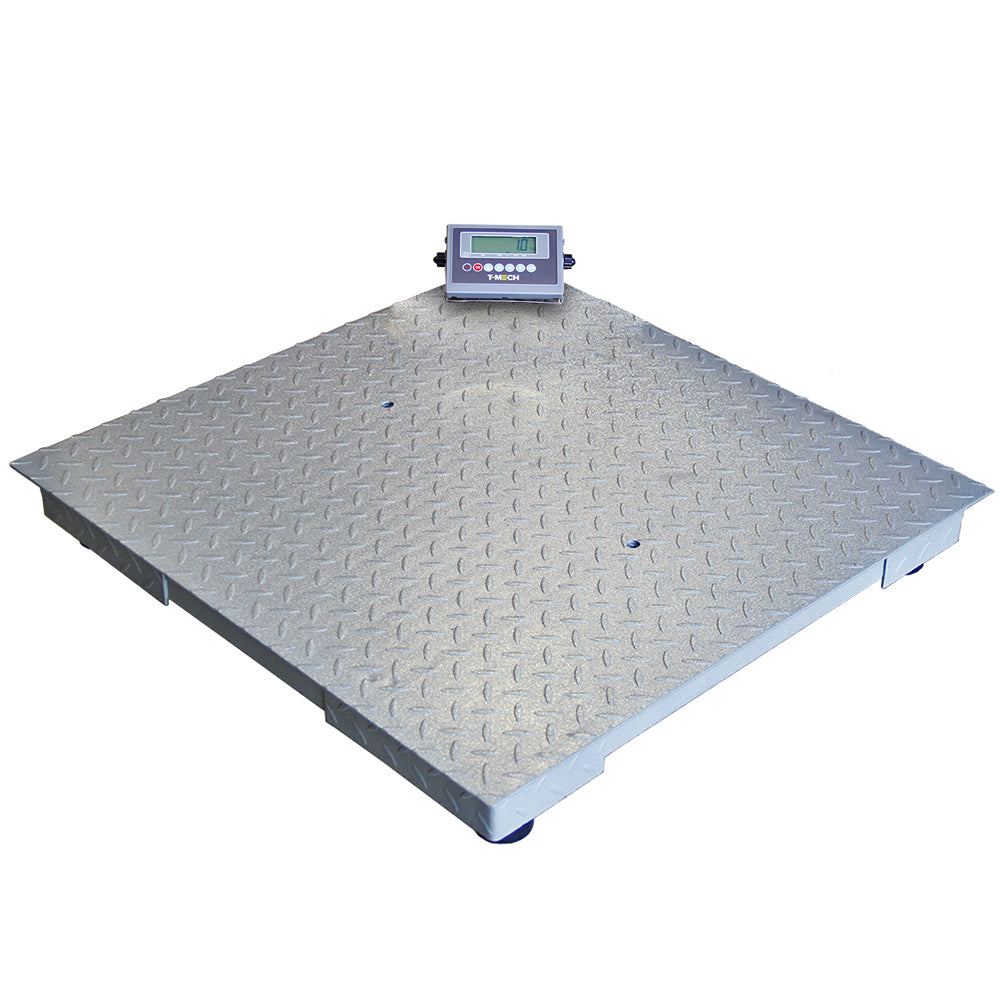 Digitale Plattformwaage in quadratischer Form, 120 cm x 120 cm, mit rutschfester, metallischer Oberfläche und digitalem Display in der Mitte